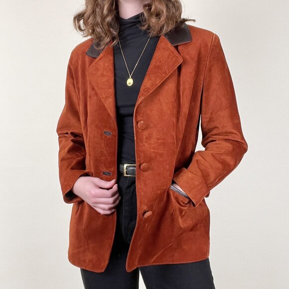 Vintage Leather & Suede Oversized Blazer Jacket Coat Long Preppy Grunge European - Picture 3 of 6